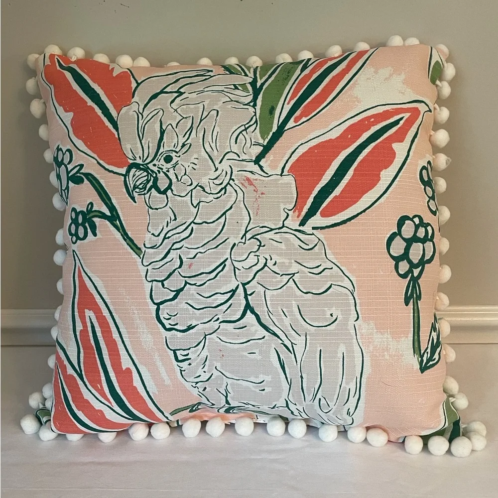 NWOT outdoor bird pillow with pom pom border